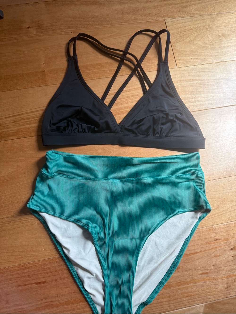 Joe Fresh Black Strappy Bikini Top with Teal High-Waist Bottoms